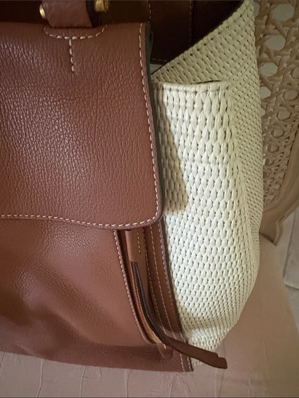 Tory Burch Brown Leather and Cream Woven Tote